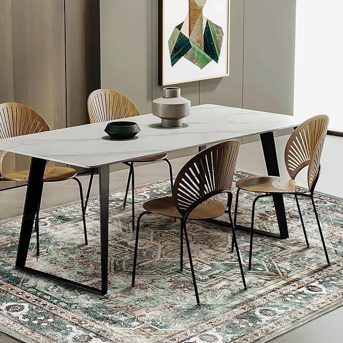 Green Area Rug 10'x14' Washable Vintage Traditional Mat Distressed Indoor Foldable Thin Retro Accent Floral Print Rug Non Slip Carpet for Living Room Dining Room Office