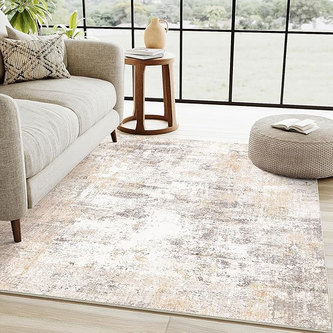 4x5 Washable Area Rug Beige Grey Abstract Entryway Office Throw Rug Neutral Modern Non Slip Soft Low Pile Indoor Carpet for Living Room Bedroom Kitchen Entrance