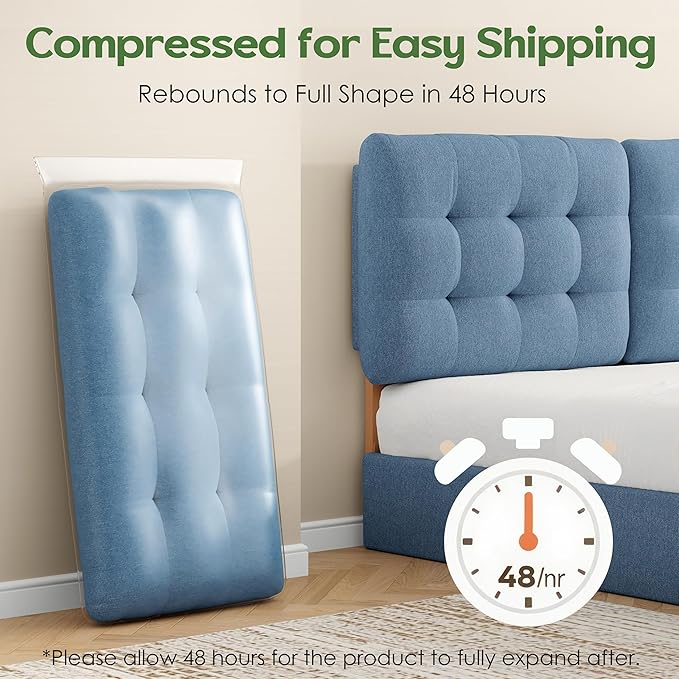 Tufted Upholstered King Headboard, Adjustable Height King Size Headboard Only from 39”to 44” with Durable Solid Wood Legs, Modern Button Diamond Fabric Head Board with Width Adapters, Blue