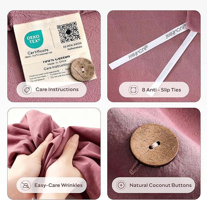 JELLYMONI 100% Washed Cotton Duvet Cover Twin – Soft, Breathable Linen-Look Bedding with Natural Wrinkle Texture, Button Closure, 3-Piece Set (Deep Rose, 68"x90")