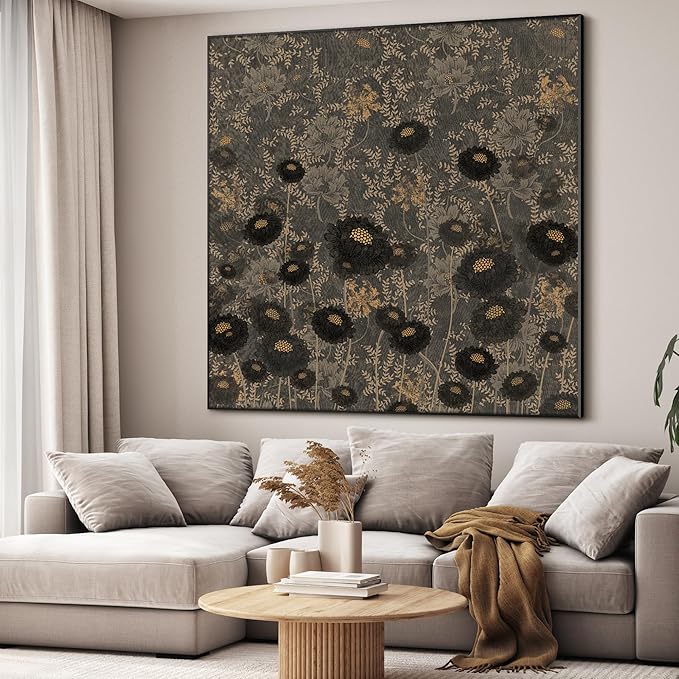 36"x36" Large Framed Wall ArtVintage Floral Pattern Dark Botanical Print with Gold Accents (Frame Assembly Required)