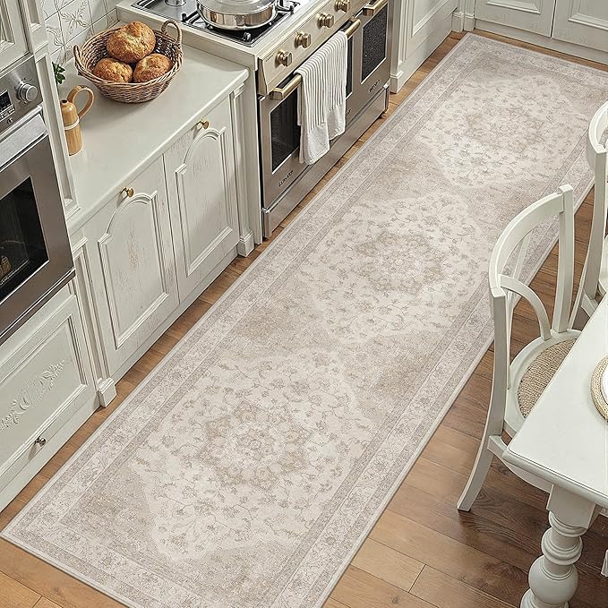 Beige Runner Rug 2'6"x10' Washable Vintage Carpet Hallway Kitchen Soft Retro Low Pile Thin Indoor Bedroom Non Slip Oriental Medallion Long Throw Rug for Bathroom Laundry Dining Room