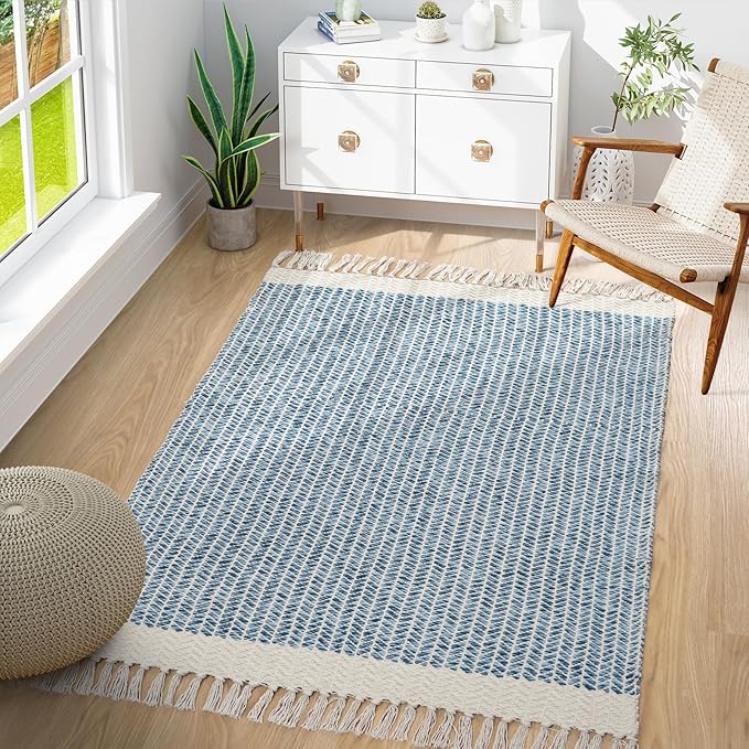 Lahome Boho Bedroom Rug, 3x5 Blue Office Rug Lightweight Bath Door Mats Indoor Woven Entry Rugs with Tassels, Non Shedding Washable Throw Farmhouse Carpet for Living Room Camper RV