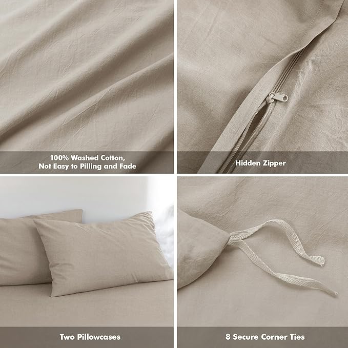 FOSSA Duvet Cover Set 100% Washed Cotton Linen Feel Super Soft Breathable Cozy 3 Pieces Bedding Sets Solid Tannish Linen Grey Super King Plus