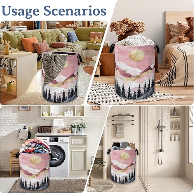 Mountains Laundry Basket,Foldable Oxford Cloth Sun Forest Golden Pink Laundry Hamper with Handles, 20.8"x16" Tote Bag Clothes Storage Bucket for Laundry Room/Bathroom/Bedroom/Dormitories