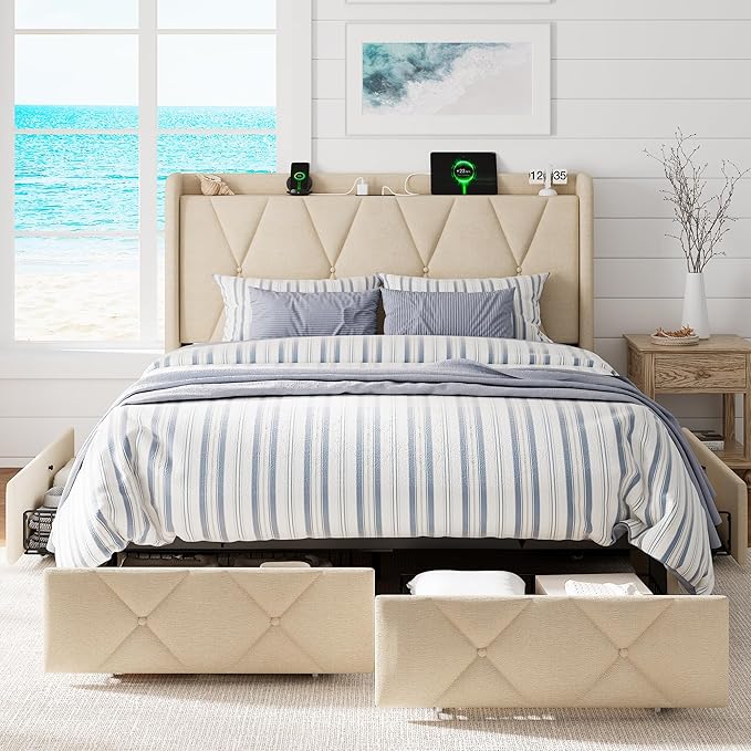 Queen Bed Frame with 4 Storage Drawers, Upholstered Platform Bed with Charging Station, Modern Wingback Storage Headboard, Easy Assembly,Noise-Free, Beige