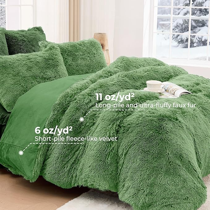 Sasttie 3-Piece Fluffy Duvet Cover King, Ultra Soft Faux Fur and Velvet Dark Green Comforter Cover, Luxury Fuzzy Bedding Sets for Winter Bed, Includes 1 Duvet Cover and 2 Pillowcases, No Comforter