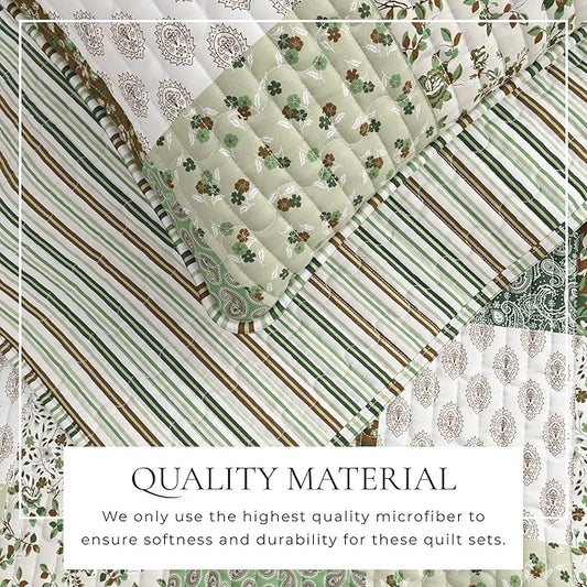 Great Bay Home 3-Piece Full/Queen Microfiber Quilt Set with Shams - Patchwork Floral Reversible Design - Lightweight, All-Season, Layerable Bedding Set (Floral Grid - Brown)