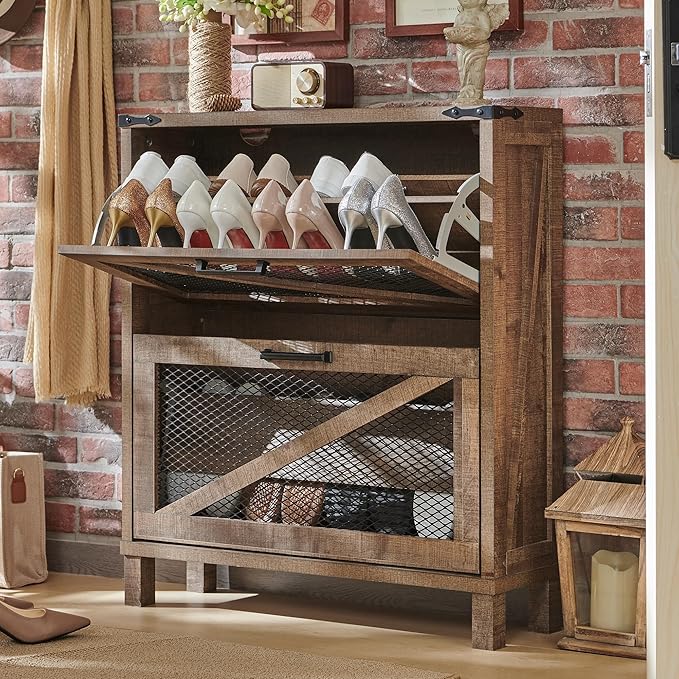 JXQTLINGMU Shoe Cabinet with 2 Flip Drawers, Farmhouse Shoe Storage Cabinet with Mesh Doors and Adjustable Shelves, Rustic Wooden Shoe Organizer, Small Shoe Cabinet Storage for Entryway, Light Brown