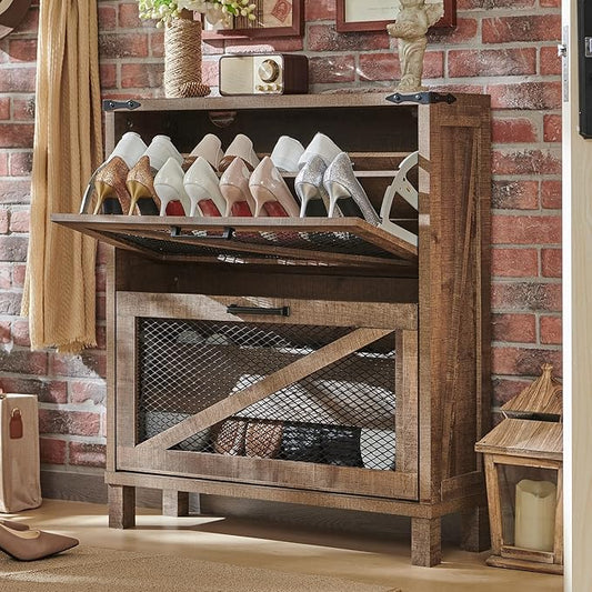 JXQTLINGMU Shoe Cabinet with 2 Flip Drawers, Farmhouse Shoe Storage Cabinet with Mesh Doors and Adjustable Shelves, Rustic Wooden Shoe Organizer, Small Shoe Cabinet Storage for Entryway, Light Brown