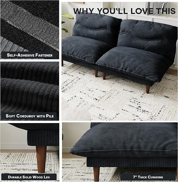 Futon Sofa Bed, 4 in 1 Multi-Functional Futon Couch with Adjustable Backrest, Convertible Sleeper Sofa Bed and Recliner Lounge, Loveseat for Living Room, Apartment, Office, 2 Sets, Black