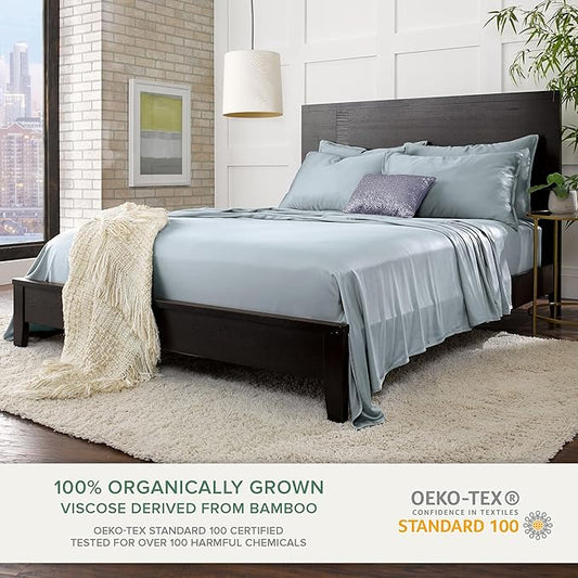 Pure Bamboo Queen Sheets, Genuine 100% Organic Viscose Derived from Bamboo Bed Sheet Set, Luxuriously Soft & Cooling, Double Stitching, 2 Year Quality Promise (Queen, Sterling Blue)