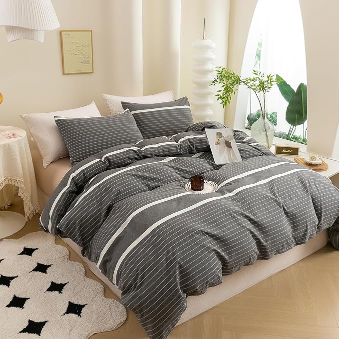 ECOCOTT Grey Striped Duvet Cover Oversized King Size, 100% Washed Cotton 3-Piece Bedding Set - Ultra Soft, Breathable & Easy Care with Zipper Closure and 2 Pillowcases, No Comforter