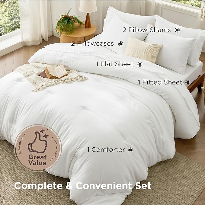 Bedsure King Size Comforter Set, White Soft Prewashed Bedding for All Seasons, 7 Pieces Warm Winter Down Alternative Bed Set, Fluffy Bed in a Bag with Sheets, Pillowcases & Shams