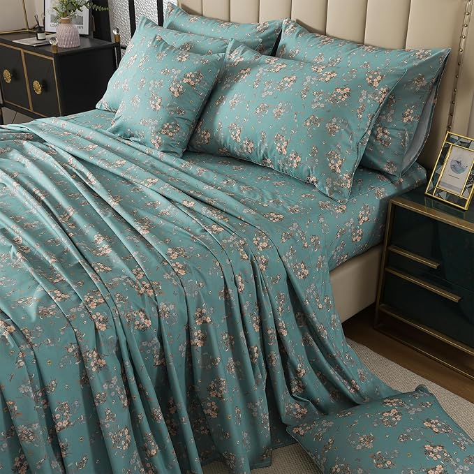 FADFAY 100% Percale Cotton Sheets Set - Vintage Floral & Butterfly Print Bedding - Crisp, Breathable Teal Aqua 4 Piece Sheet Set with Deep Pocket, Full Size