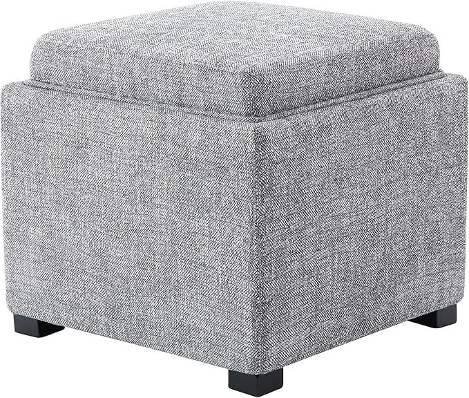 CHITA Storage Ottoman Cube with Tray Lid, Small Footstool with Storage, Square End Table for Living Room and Bedroom, Fabric in Pebble Grey