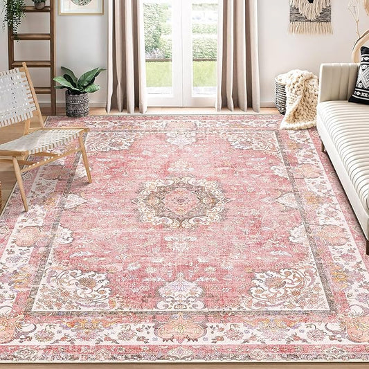 8'x10' Area Rugs Washable,Pink Rug for Living Room Bedroom Dining Room,Large Boho Vintage Bohemian Distressed Oriental Carpet Non Slip,Blush Floral Flowers