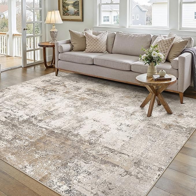 6x9 Washable Area Rug Brown Grey Abstract Living Room Bedroom Throw Rug Neutral Modern Non Slip Soft Low Pile Indoor Carpet for Dining Room Office Entryway