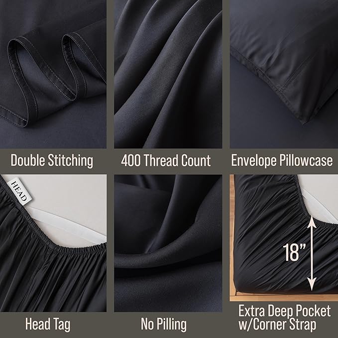 Bella Coterie Luxury Bamboo Viscose Split King Size Sheet Set | 2 Fitted Sheets for Sleep Number & Adjustable Beds | 100% Organically Grown | Cooling & Ultra Soft | 18” Deep Pocket [Black]
