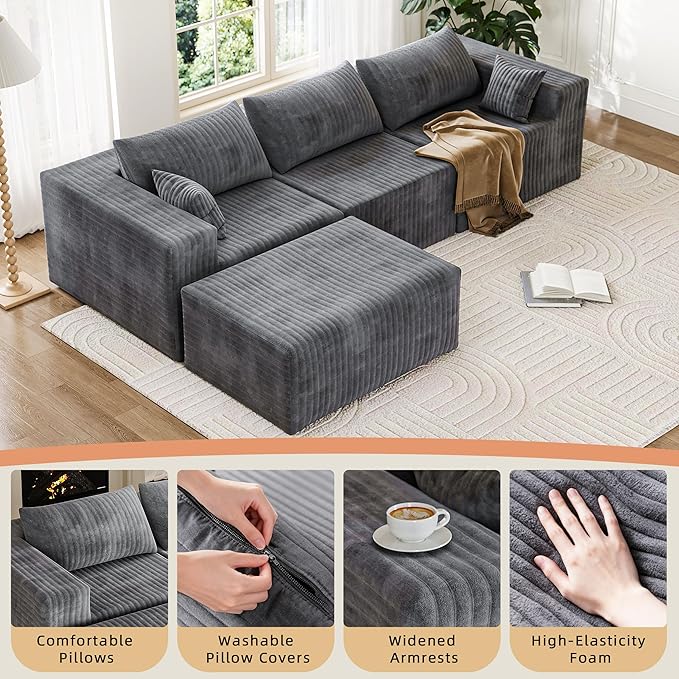110" Cloud Couch Sectional for Living Room L-Shape Boneless Couches Modular Sectional Sofa with Deep Seat Plush with Chaise,No Assembly Required, Carbon Gray(Plush Corduroy Fabric)