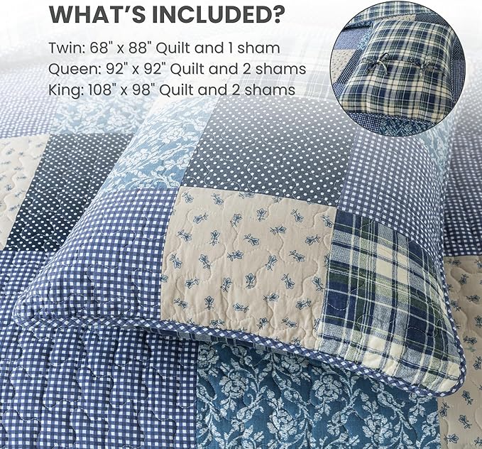 SLPR Blue Symphony Cotton Pieced Quilt Set - King with 2 Shams, Farmhouse Patchwork Quilted Bedspread with Check and Plaid Pattern, Lightweight and Cozy Country Checkered Bedding