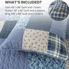 SLPR Blue Symphony Cotton Pieced Quilt Set - Queen with 2 Shams, Farmhouse Patchwork Quilted Bedspread with Check and Plaid Pattern, Lightweight and Cozy Country Checkered Bedding