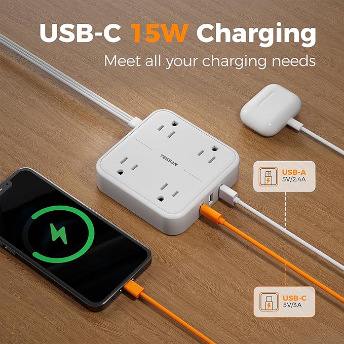 Surge Protector Flat Extension Cord 5FT, TESSAN Flat Plug Power Strip with 4 Outlets 3 USB C Ports (1 USB C), 900 Joules Protection, Multiple Wall Outlet Extender Suitable for Home Office Dorm, White