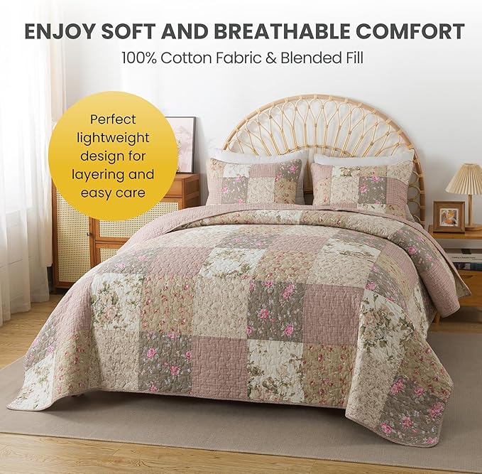 SLPR Secret Garden Patchwork Cotton Pieced Quilt Set - Queen with 2 Shams, Country Shabby Chic Bedding with Flower Pattern, Pink Floral Farmhouse Quilted Bedspread for All Seasons