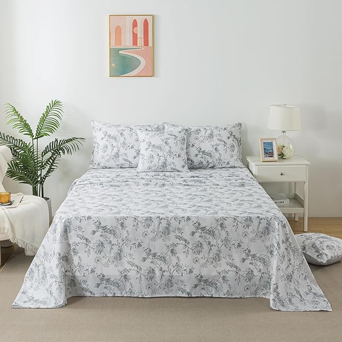 FADFAY Gray and White Sheets Set Full - Shabby Vintage Peacock Floral Bedding, Rustic Farmhouse Style, 100% Cotton Breathable With Deep Pocket Fitted Sheet, 4Pcs, Full Size