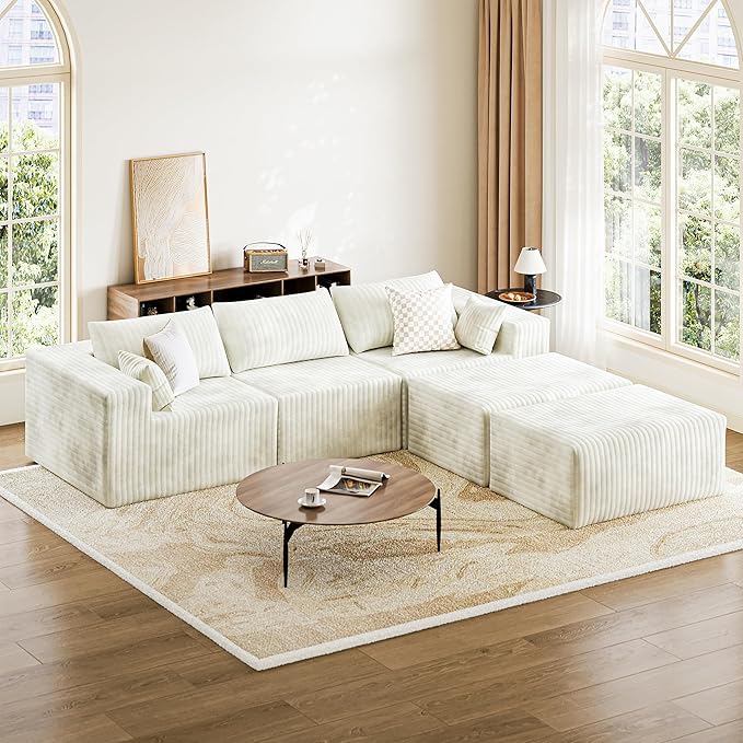 110" Cloud Couch Sectional for Living Room U-Shape Boneless Couches Modular Sectional Sofa with Deep Seat with Chaise,No Assembly Required, Carbon White(Plush Corduroy Fabric)
