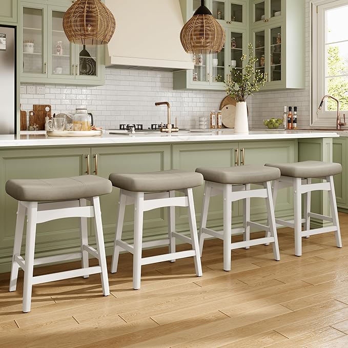 MAISON ARTS Beige Counter Height Bar Stools Set of 4 for Kitchen Counter Solid Wood Legs with Faux Leather Saddle Seat Farmhouse Barstools for 34"-38" Counter Island Upholstered Stools, 24in Height