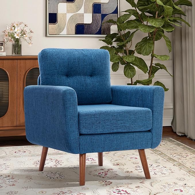 Tbfit Linen Fabric Single Sofa, Accent Chair, Mid Century Modern Armchair for Living Room, Bedroom Button Tufted Upholstered Comfy Reading Sofas, Blue