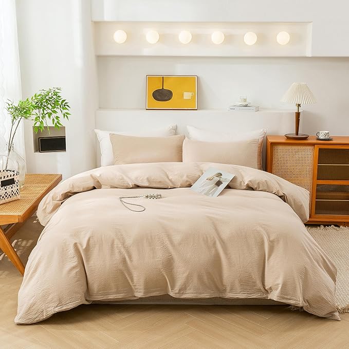 ECOCOTT Duvet Cover Set, 100% Washed Cotton Linen-Like Soft & Breathable, Durable Comfy Bedding Set for All Seasons (Khaki, Twin)