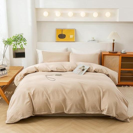 ECOCOTT Beige Duvet Cover Oversized King Size - 100% Washed Cotton Durable Soft Comfy Duvet Cover Set, 3 Pieces Duvet Cover with Zipper Closure (Khaki, 120"x 98")