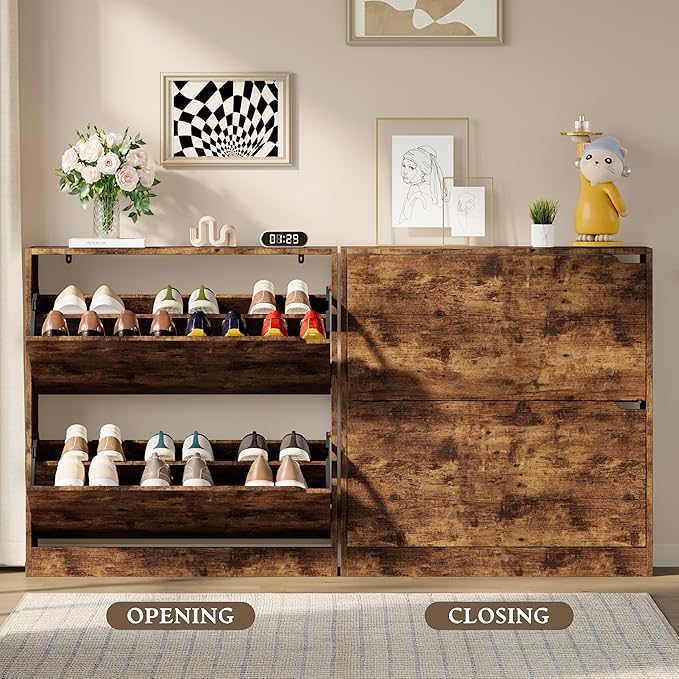 Shoe Cabinet with 2 Flip Drawers, Slim Narrow Shoe Storage Cabinet, Freestanding Shoe Organizer with Adjustable & Removable Shelves, Top Display Shelf for Entryway, Hallway, Foyer, Closet
