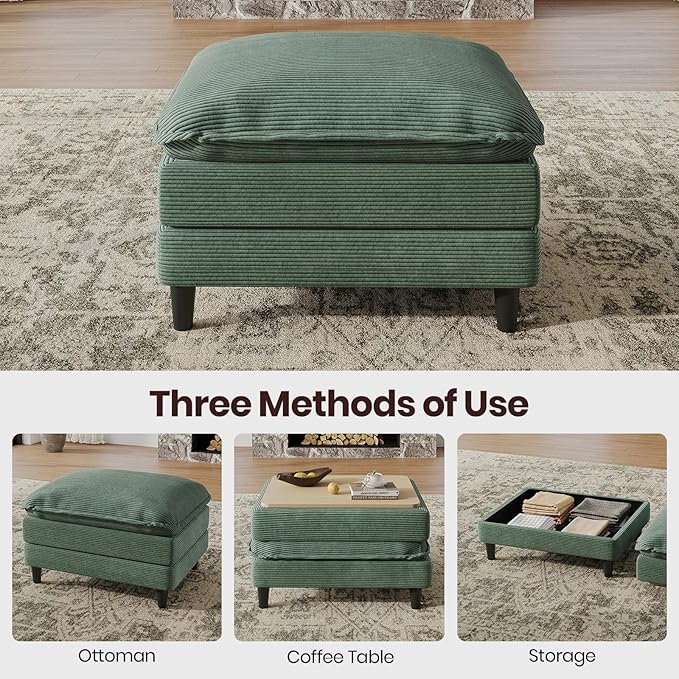108" L Shaped Modular Sectional Cloud Couch with Ottoman, Snap-on Easy Installation 3 Seater Deep Seat Sofa with Storage Bag and Coffee Table for Living Room, Corduroy, Green