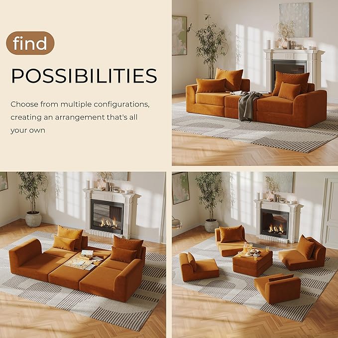 Modular loveseat with Ottoman, L-Shape Boneless Couch, Customizable Sectional Couch, Free Combination Design Sleeper Sofa, Clay Ember