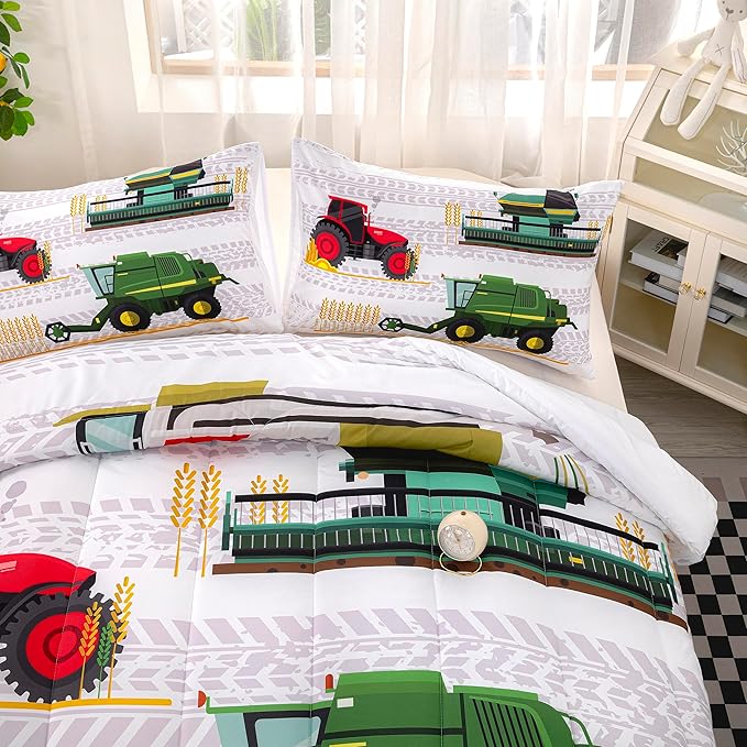 CVHOUSE Tractor Bedding Sets for Boys,Excavators Comforter Queen,Boys Cartoon Truck Comforter Set,Trucks Tractors Cars Quilt Set with 1 Comforter and 2 Pillow Cases- 3 Piece