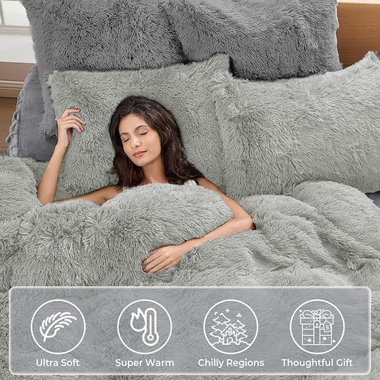 Sasttie 3-Piece Fluffy Duvet Cover Full, Ultra Soft Faux Fur and Velvet Light Grey Comforter Cover, Luxury Fuzzy Bedding Sets for Winter Bed, Includes 1 Duvet Cover and 2 Pillowcases, No Comforter