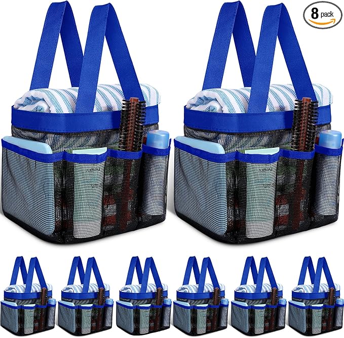 8 Packs Mesh Large Shower Caddy Portable with 8 Pockets and Handles Quick Dry Shower Bags Hanging Bath Bag Dorm Room College Essentials for Bathroom Gym Camp(Blue)