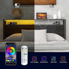 HOJINLINERO Full Size Bed Frame with Storage Headboard/LED Lights, Metal Bed Frame with Charging Station, No Box Spring Needed, Heavy Duty Metal Slats Support, Black