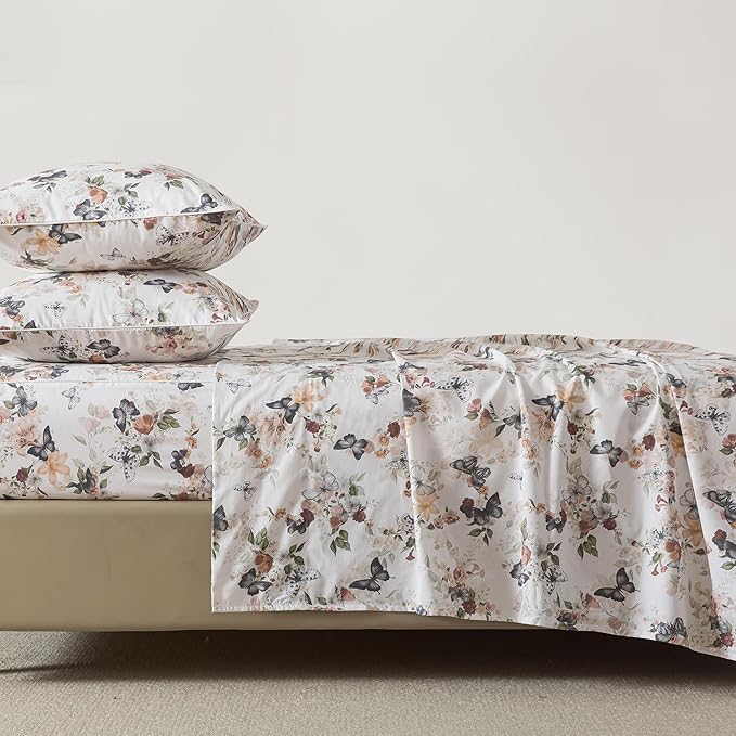 FADFAY Butterfly Sheets Watercolor Floral Bed Sheets Set Vintage Botanical Bedding Shabby Rustic Leaves Bedding Collections 100% Percale Cotton Breathable Soft Deep Pocket 4Pcs, California King Size