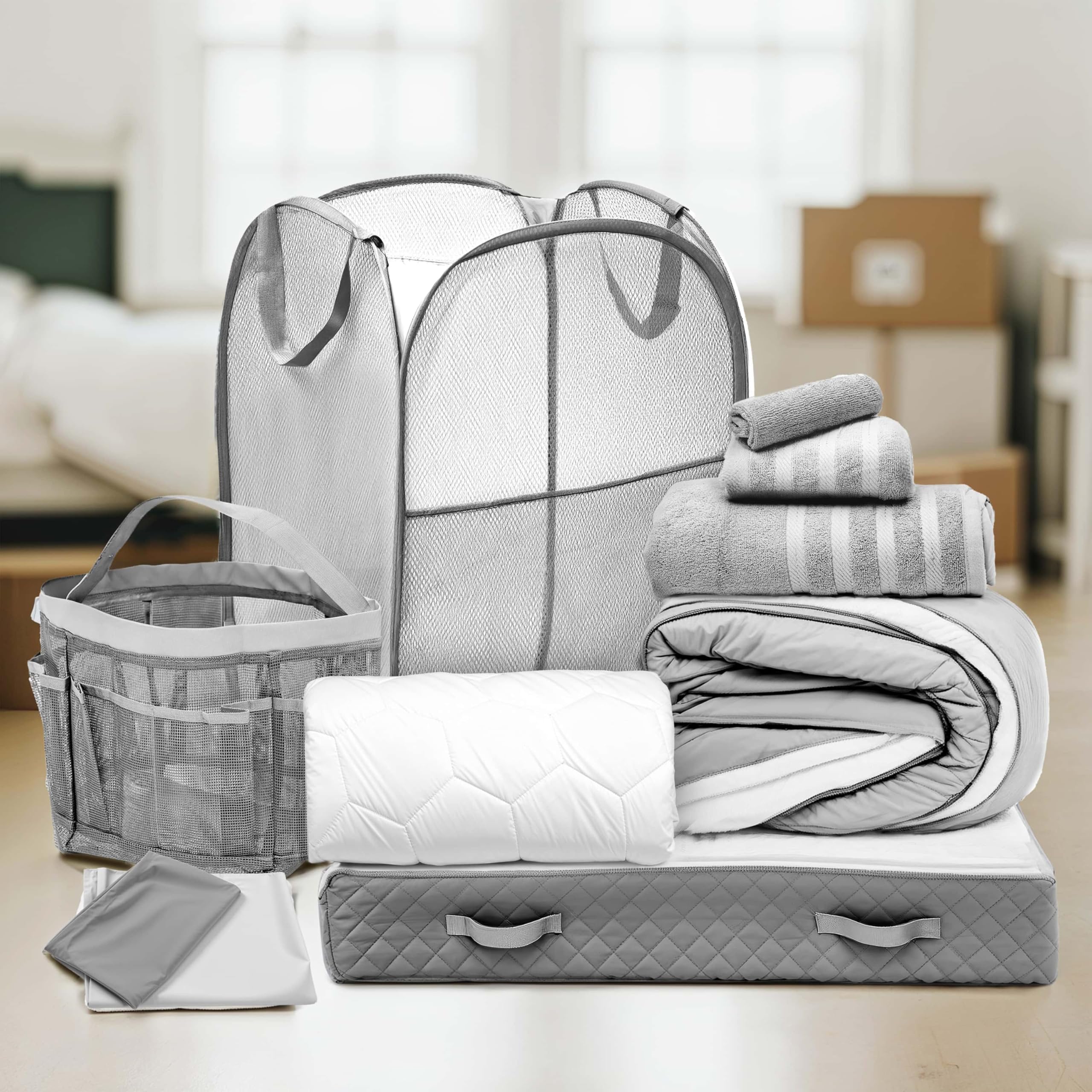 Hearth & Harbor Complete Dorm Room Set, Twin XL Comforter Set, Sheet Set, Mattress Protector, Towels and Organizers - All Dorm Accessories Included Dormly