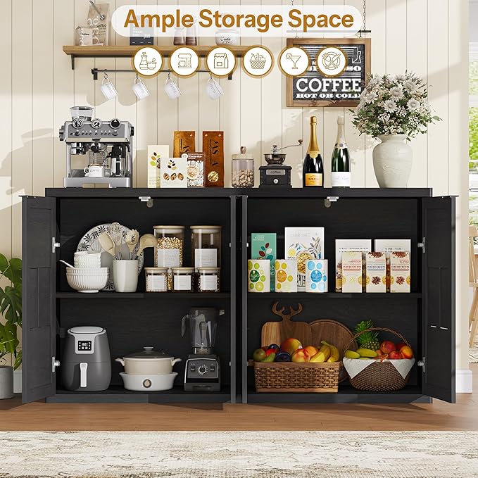 Sideboard Buffet Cabinet with Storage, 60" Modern Farmhouse Accent Cabinet with Geometric Fluted Doors & Magnetic Catch, Wood Coffee/TV Console Table Credenza for Kitchen, Living Room (Black)