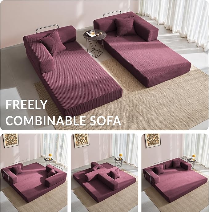 YINIX Foldable Sofa Bed, 78'' Folding Floor Couch, Compressed Convertable Sleeper Sofa, Memory Foam Couch with Pillow Back Support Armrest, 4-in-1 Futon Sofa Bed for Living Room, Wine Red