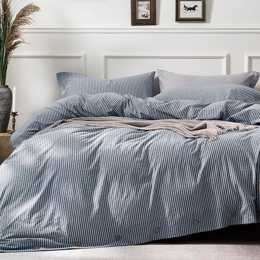 JELLYMONI Cotton Duvet Cover Queen Size - Blue Vertical Pinstriped Comforter Cover with Button 100% Washed Cotton 3PCS Breathable Soft Solid Bedding Set Duvet Cover 90×90in & 2 Pillowcases