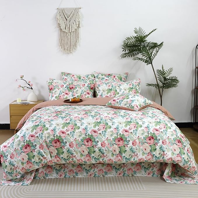 FADFAY Duvet Cover Set Queen Pink Rose Floral Bedding French Country Peony Flower Quilt Cover Set Vintage Farmhouse Bedding 100% Cotton Comforter Cover with Hidden Zipper Closure 3Pcs, Queen Size