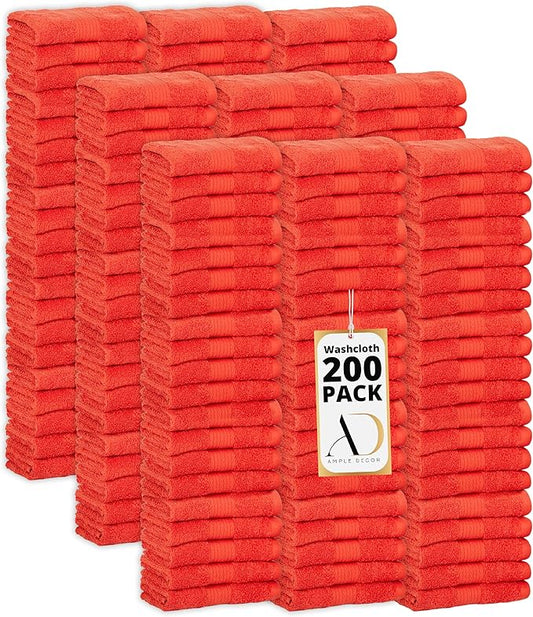 Ample Decor Washcloths Pack of 200 12 X 12 Inch, 600 GSM 100% Cotton Soft Absorbent, Premium Quality Durable Machine Washable, Ideal for Bathroom, Pool, Hotel, Spa – Orange