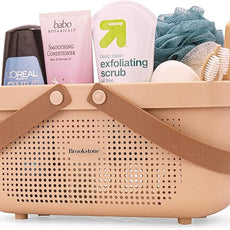 Brookstone BKH1634, Large Portable Shower Caddy with Soft Silicone Carrying Handle, Bathroom Organizer Basket, Plastic Bath Tote, Dries Quickly with Drainage Holes [BPA Free], Blush Color