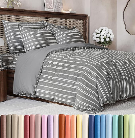Duvet Cover Queen Size Set - Extra Soft Queen Size Duvet Cover 90 x 90 with 2 Pillow Shams - Hotel Luxury Easy Care & Fade Free w/Zipper Closures & Ties - Comfy Breathable Bedding Set (Grey Stripes)